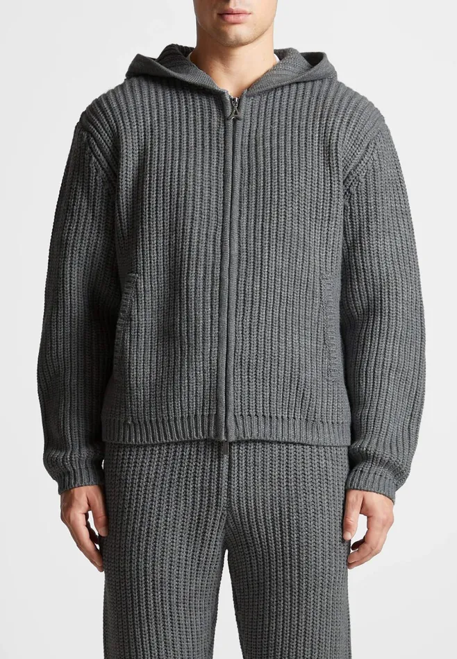 Men Manire De Voir Chunky Knit Zip Through Hoodie Charcoal Grey