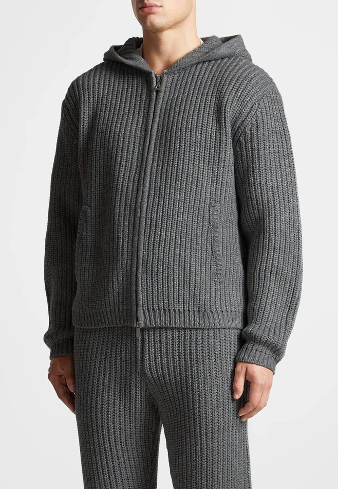 Men Manire De Voir Chunky Knit Zip Through Hoodie Charcoal Grey