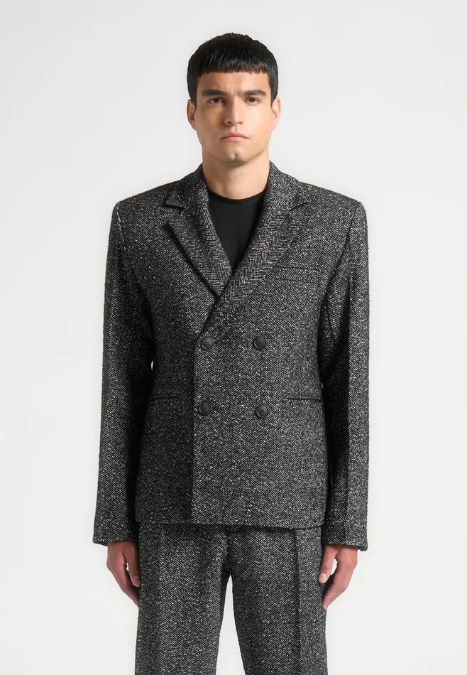 Men Manire De Voir Double Breasted Herringbone Wool Blend Suit Jacket Black