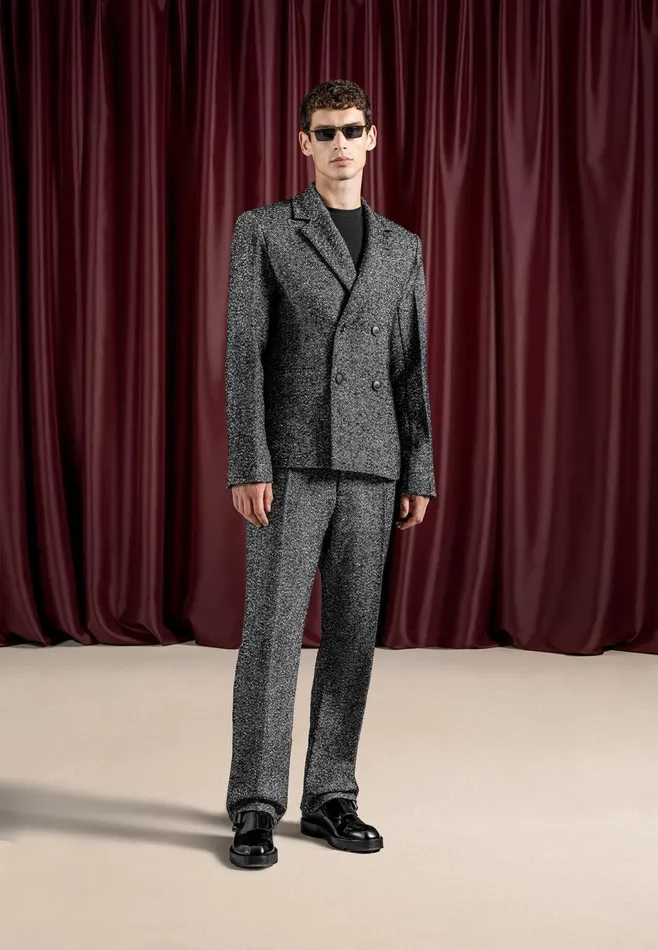 Men Manire De Voir Double Breasted Herringbone Wool Blend Suit Jacket Black