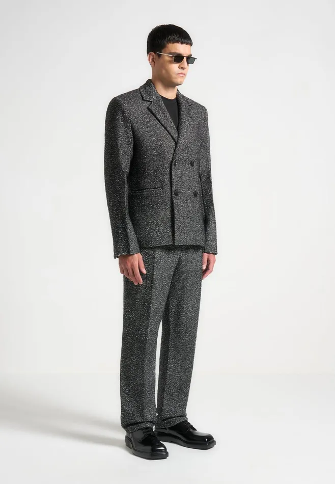 Men Manire De Voir Double Breasted Herringbone Wool Blend Suit Jacket Black