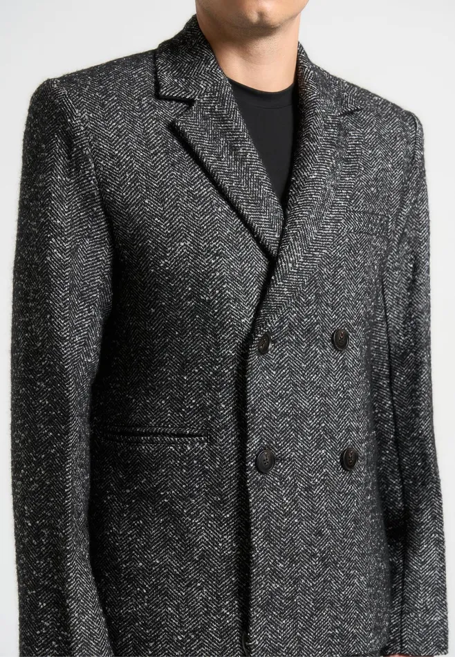 Men Manire De Voir Double Breasted Herringbone Wool Blend Suit Jacket Black