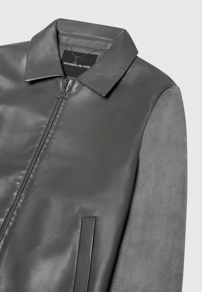 Men Manire De Voir Leather and Suede Jacket Grey