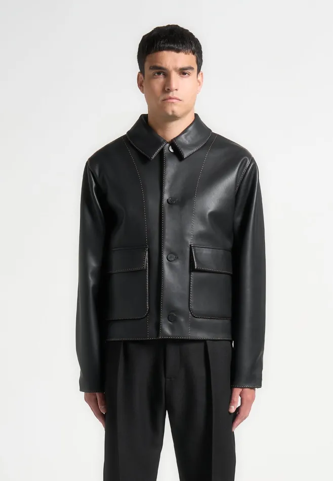 Men Manire De Voir Leather Contrast Stitch Jacket Black
