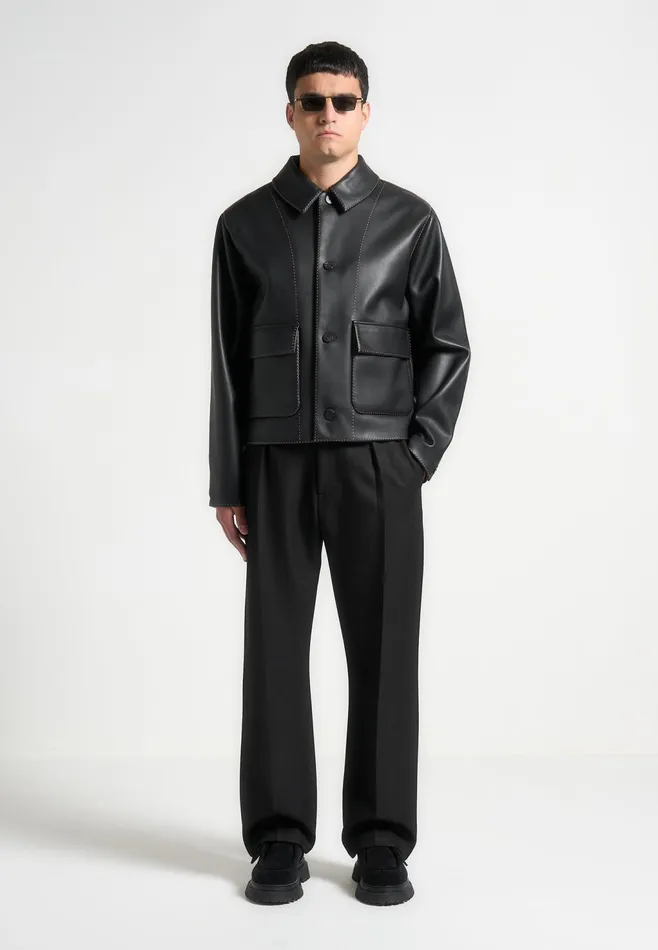 Men Manire De Voir Leather Contrast Stitch Jacket Black