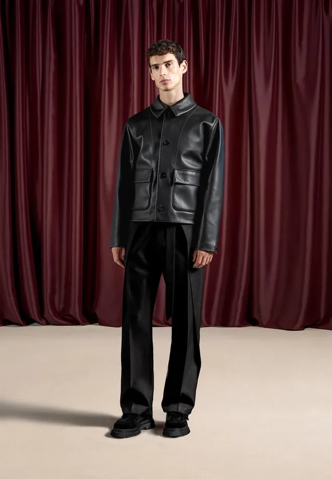 Men Manire De Voir Leather Contrast Stitch Jacket Black