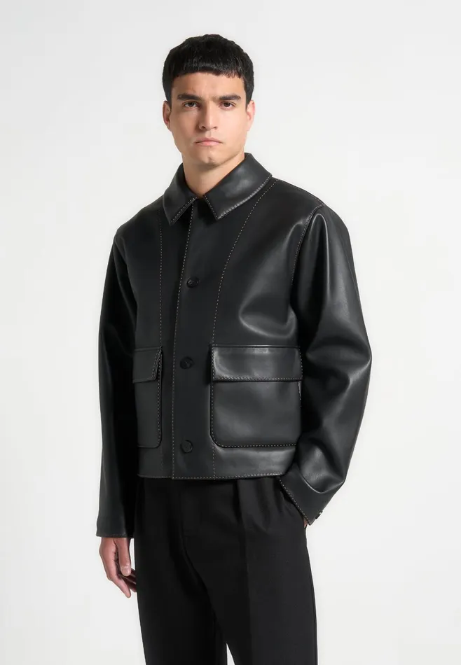 Men Manire De Voir Leather Contrast Stitch Jacket Black