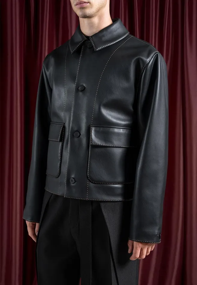 Men Manire De Voir Leather Contrast Stitch Jacket Black