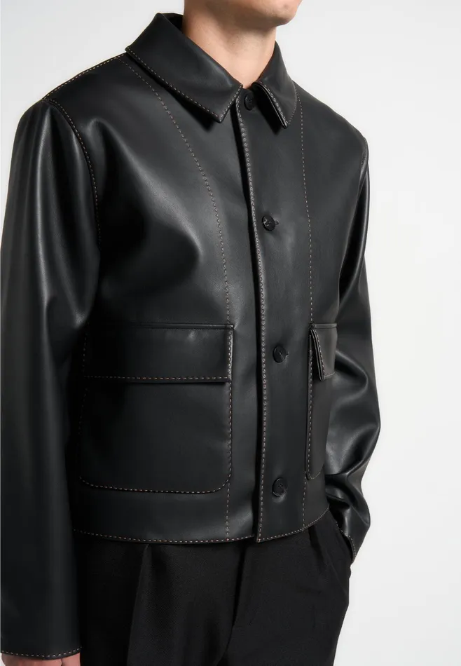 Men Manire De Voir Leather Contrast Stitch Jacket Black
