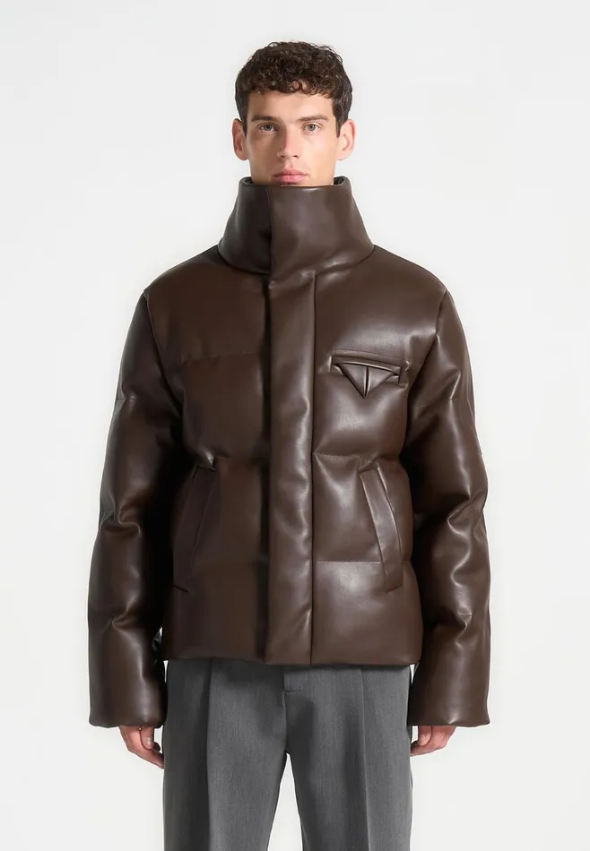 Men Manire De Voir Leather Puffer Jacket Brown