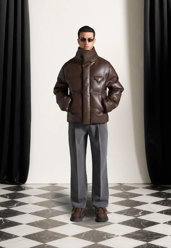 Men Manire De Voir Leather Puffer Jacket Brown