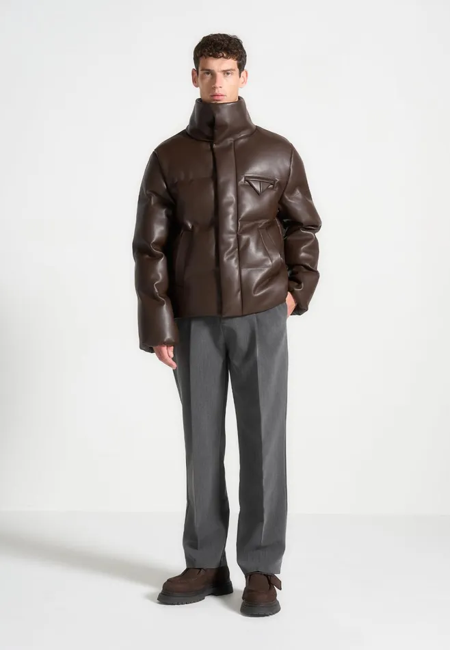 Men Manire De Voir Leather Puffer Jacket Brown