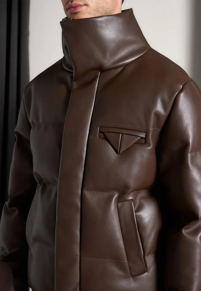 Men Manire De Voir Leather Puffer Jacket Brown