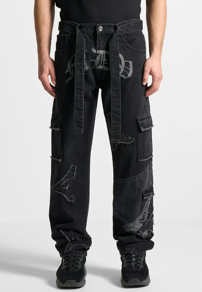 Men Manire De Voir Mdv Rhinestone Eiffel Patch Jeans Stonewash Black