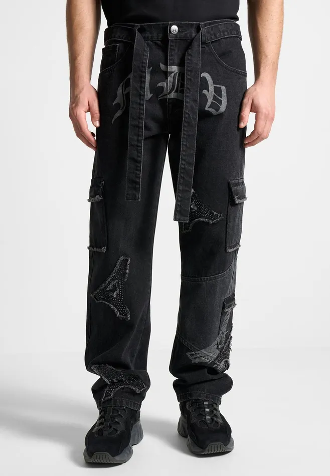 Men Manire De Voir Mdv Rhinestone Eiffel Patch Jeans Stonewash Black