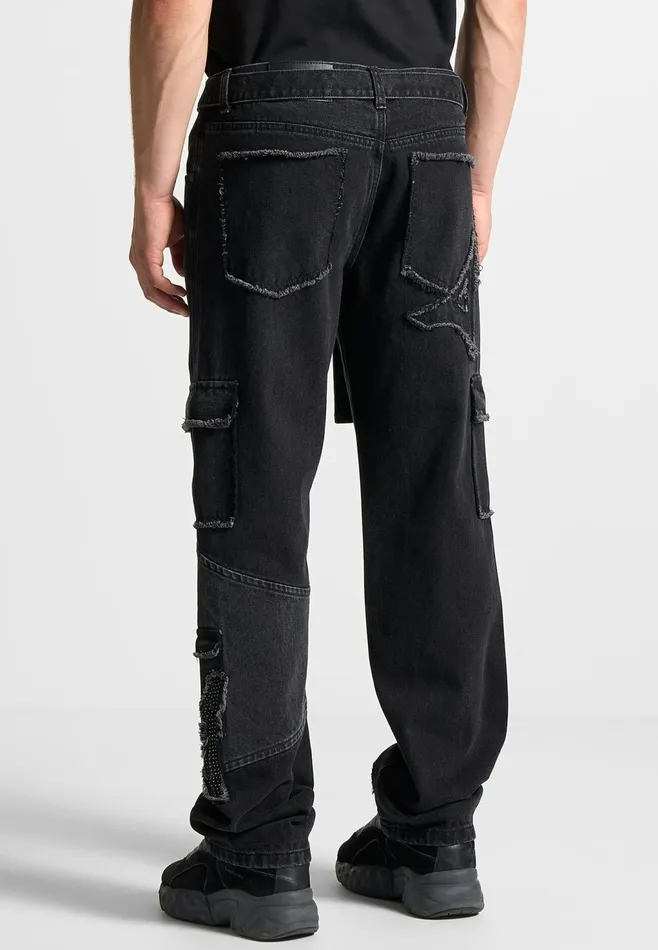 Men Manire De Voir Mdv Rhinestone Eiffel Patch Jeans Stonewash Black