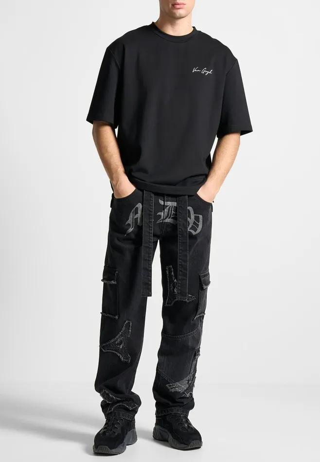 Men Manire De Voir Mdv Rhinestone Eiffel Patch Jeans Stonewash Black