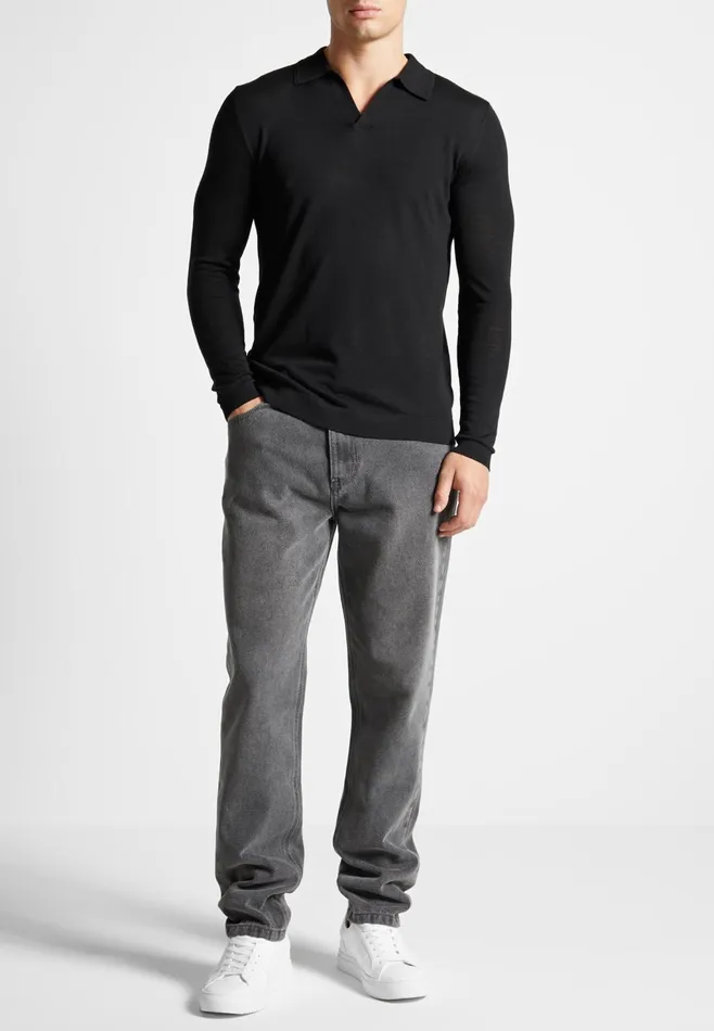 Men Manire De Voir Merino Wool Long Sleeve Revere Polo Shirt Black