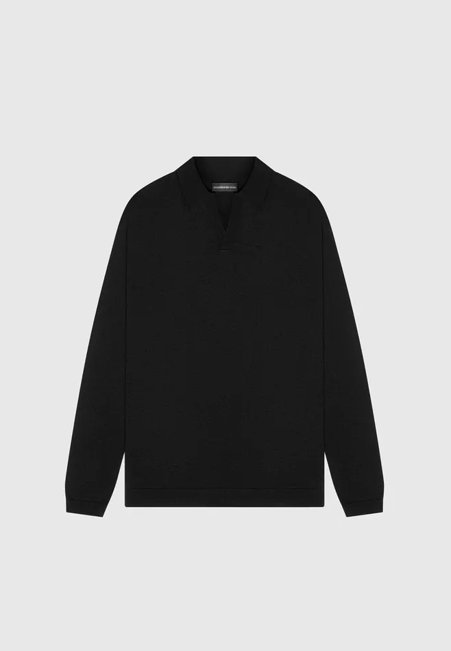 Men Manire De Voir Merino Wool Long Sleeve Revere Polo Shirt Black
