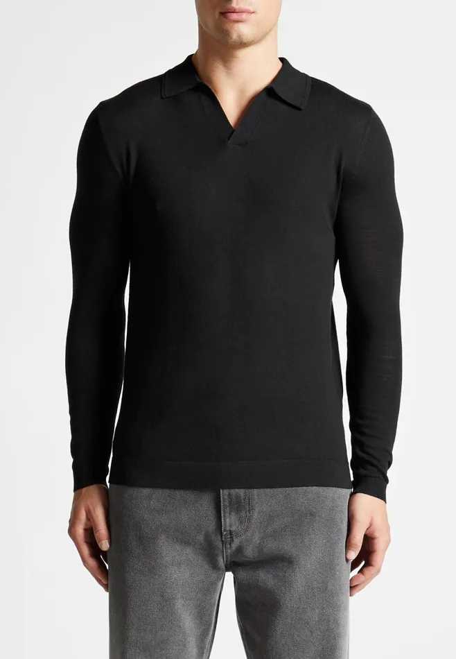 Men Manire De Voir Merino Wool Long Sleeve Revere Polo Shirt Black