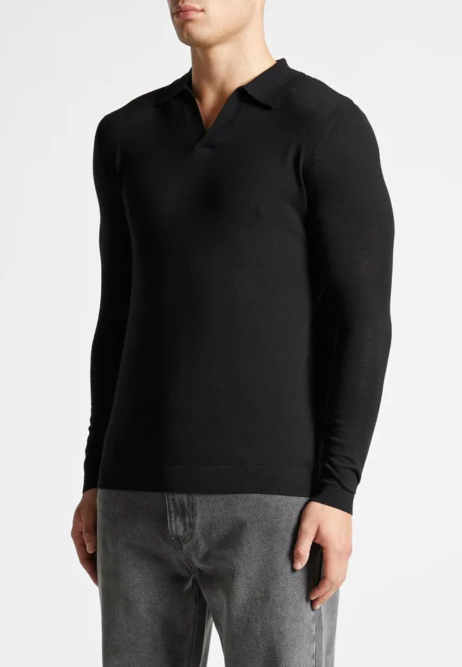 Men Manire De Voir Merino Wool Long Sleeve Revere Polo Shirt Black
