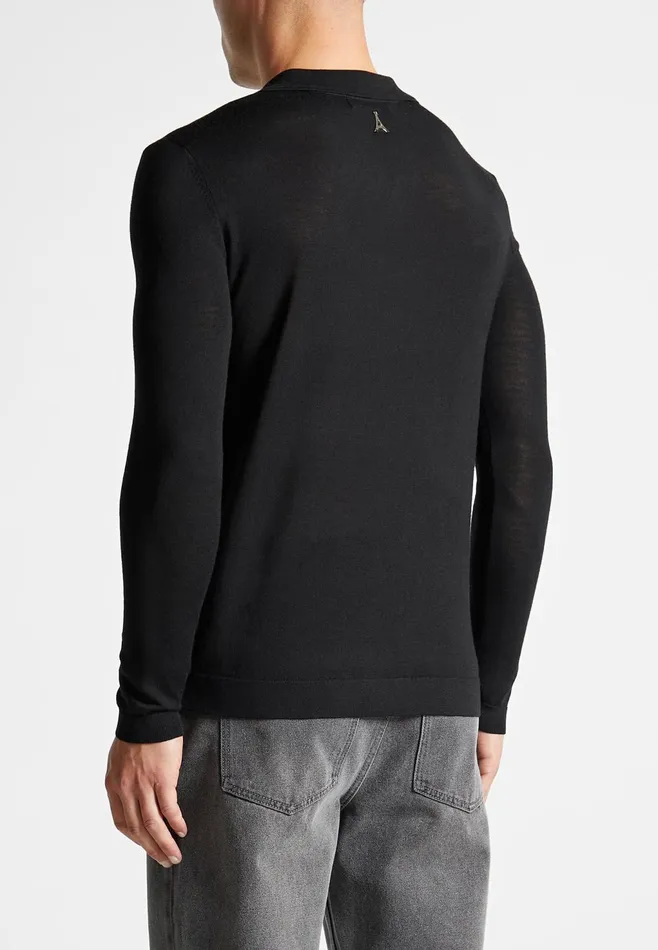 Men Manire De Voir Merino Wool Long Sleeve Revere Polo Shirt Black