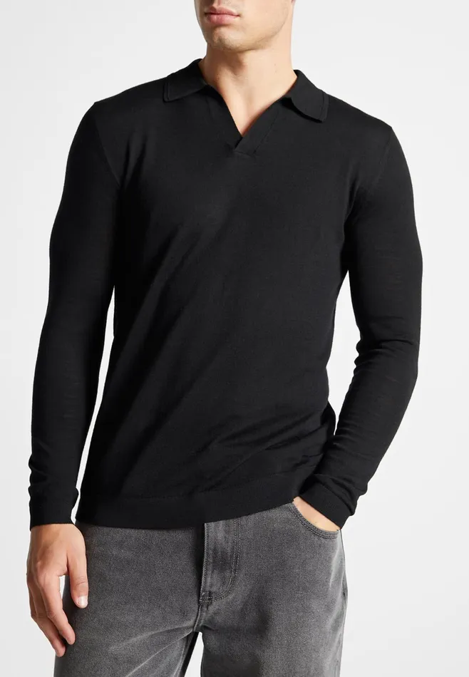 Men Manire De Voir Merino Wool Long Sleeve Revere Polo Shirt Black