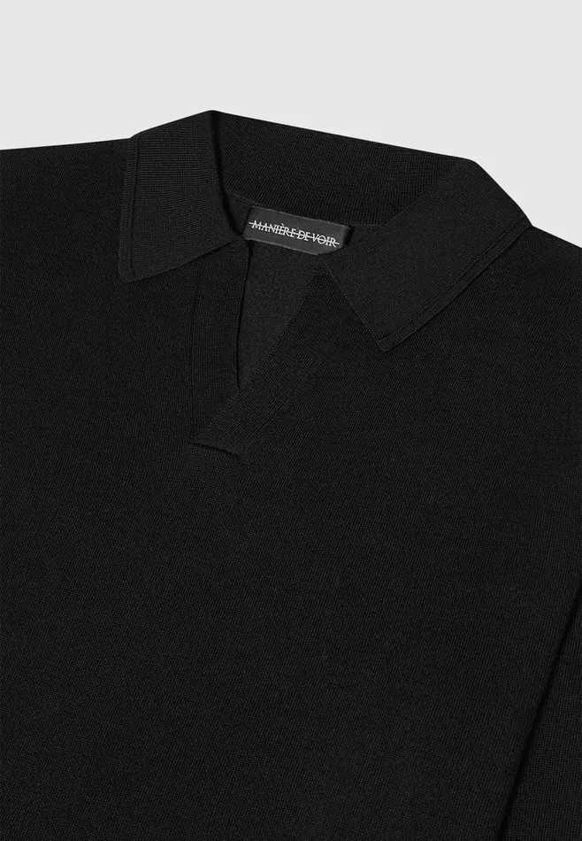 Men Manire De Voir Merino Wool Long Sleeve Revere Polo Shirt Black