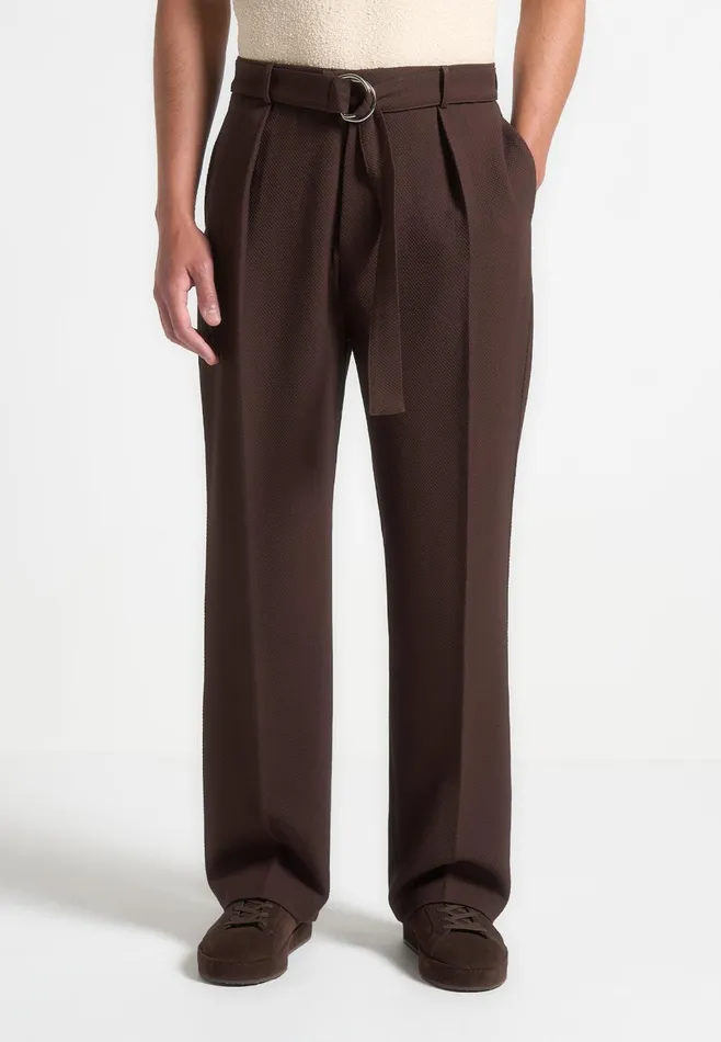 Men Manire De Voir Relaxed Fit Textured Belted Tailored Trousers Brown