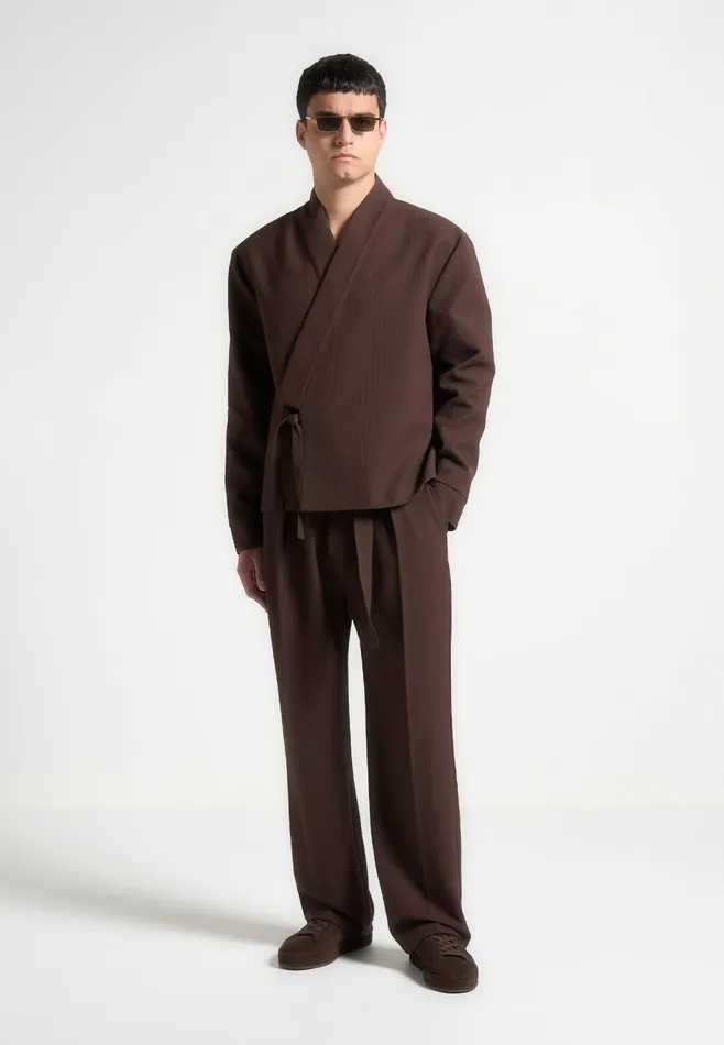 Men Manire De Voir Relaxed Fit Textured Belted Tailored Trousers Brown