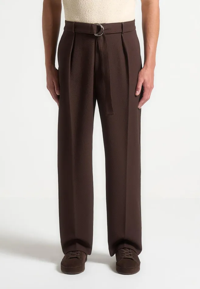 Men Manire De Voir Relaxed Fit Textured Belted Tailored Trousers Brown