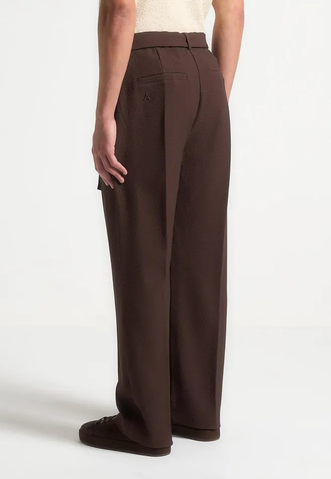 Men Manire De Voir Relaxed Fit Textured Belted Tailored Trousers Brown