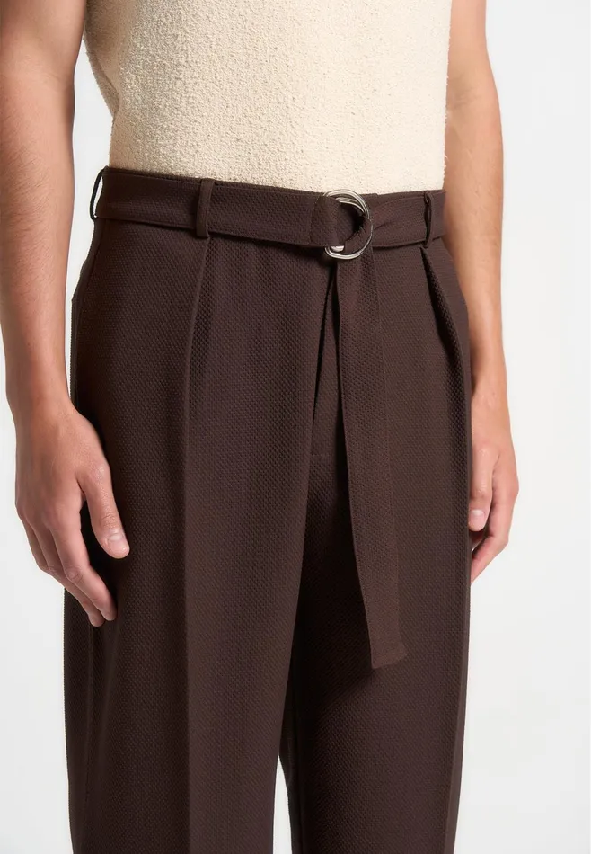 Men Manire De Voir Relaxed Fit Textured Belted Tailored Trousers Brown