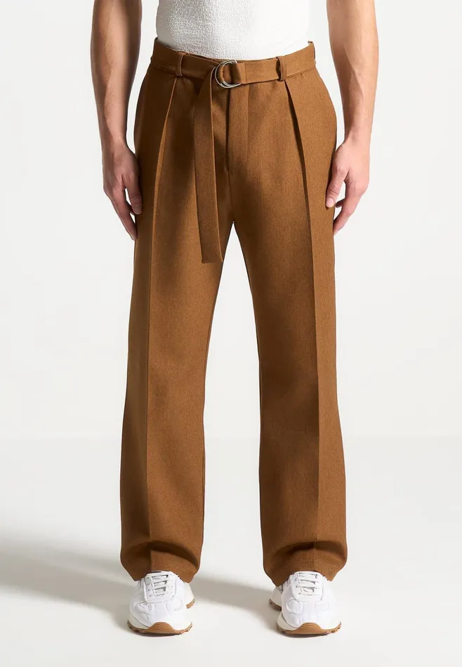 Men Manire De Voir Relaxed Fit Textured Belted Tailored Trousers Fawn