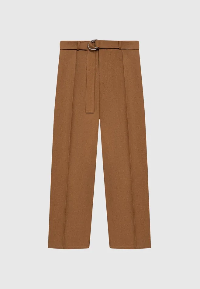 Men Manire De Voir Relaxed Fit Textured Belted Tailored Trousers Fawn
