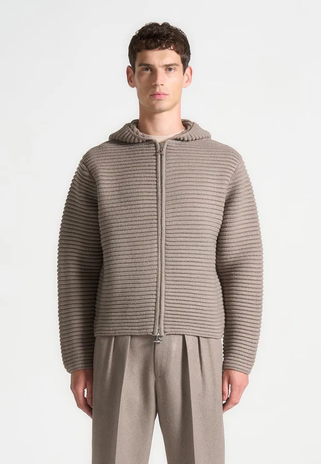 Men Manire De Voir Ribbed Knit Zip Up Hoodie Taupe