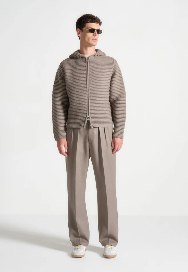 Men Manire De Voir Ribbed Knit Zip Up Hoodie Taupe