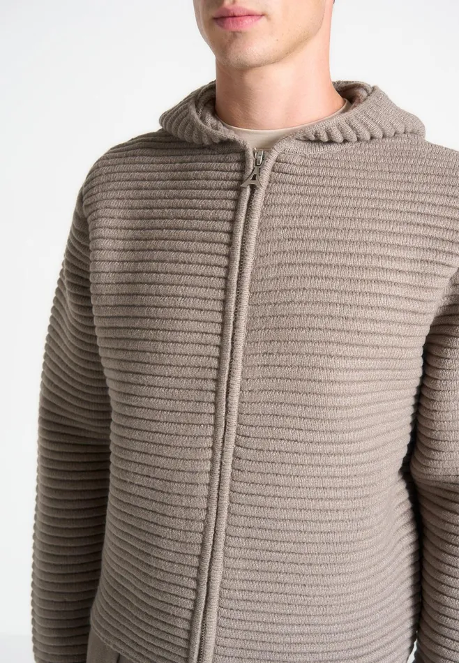 Men Manire De Voir Ribbed Knit Zip Up Hoodie Taupe