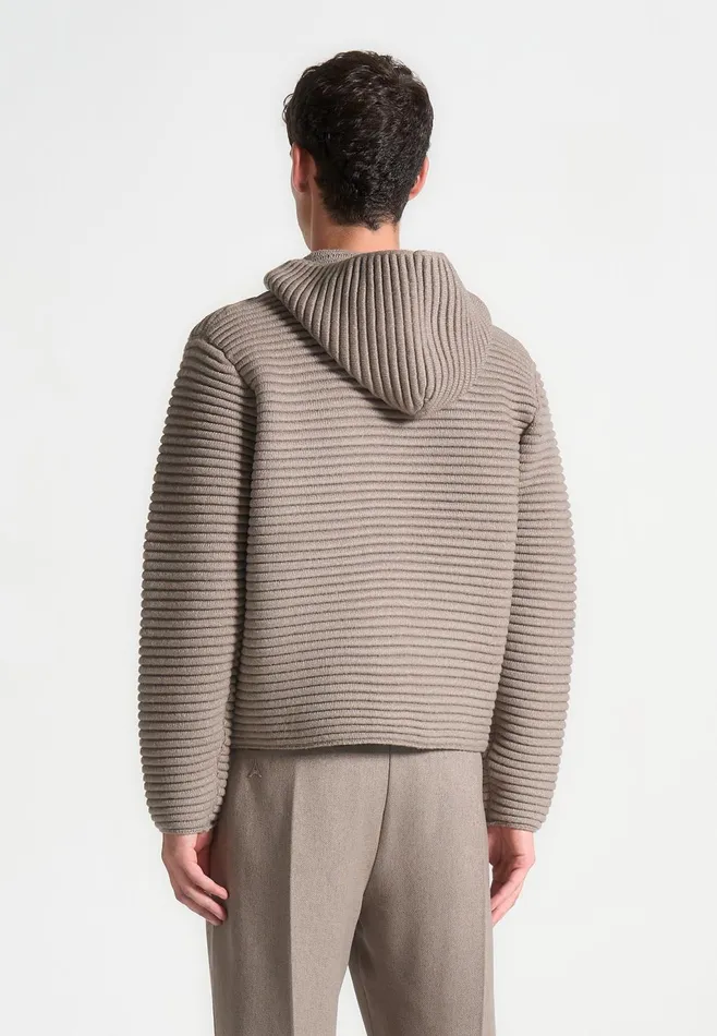 Men Manire De Voir Ribbed Knit Zip Up Hoodie Taupe