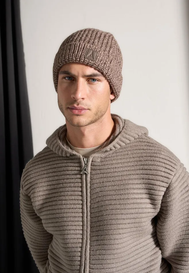 Men Manire De Voir Ribbed Knit Zip Up Hoodie Taupe