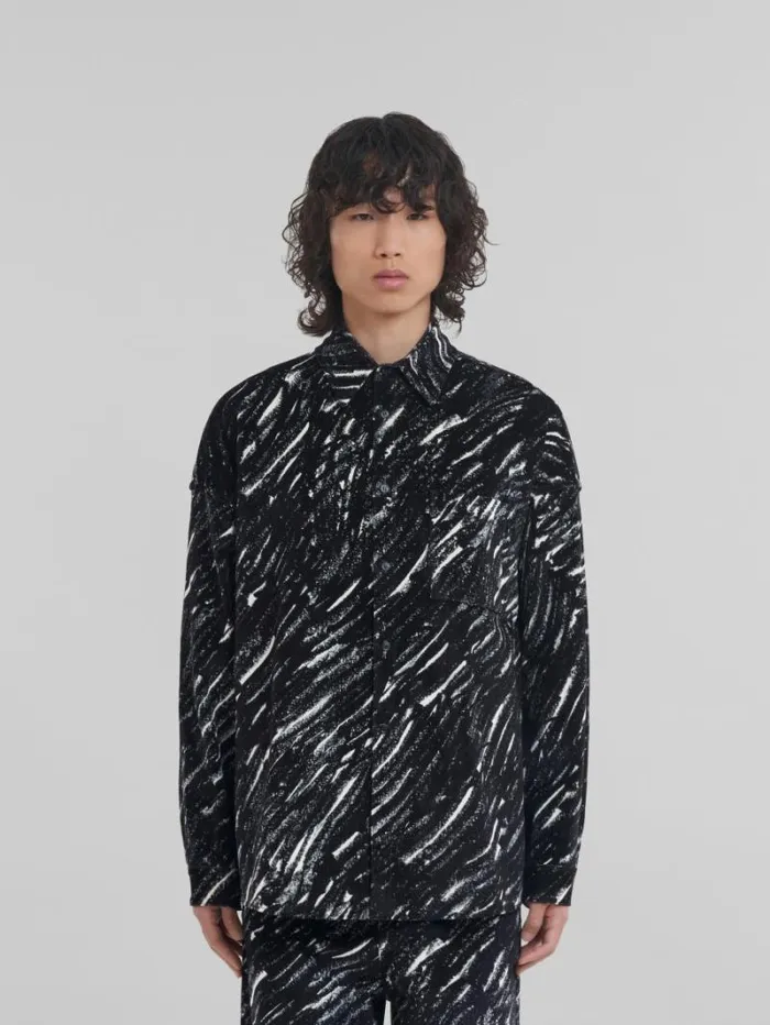 Men Marni Denim Black Flocked Denim Oversized Shirt With Crayon Print