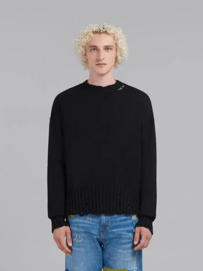 Men Marni Knitwear Black Twisted Crewneck Sweater