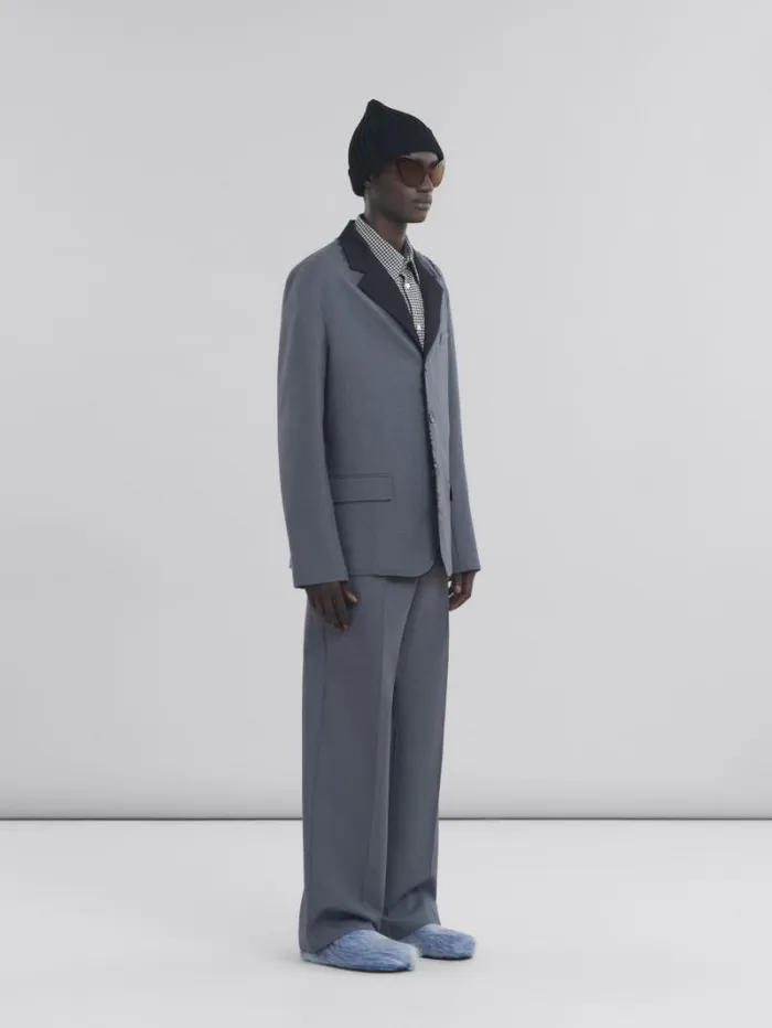 Men Marni Pants Grey Tropical Wool Trousers With Contrasting Waistband