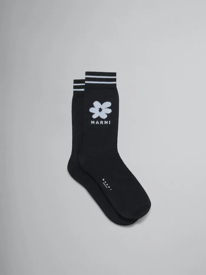 Men Marni Socks Black Cotton Socks With Light Blue Jacquard Flower Detail