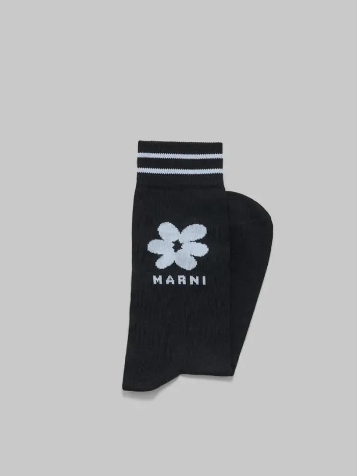 Men Marni Socks Black Cotton Socks With Light Blue Jacquard Flower Detail