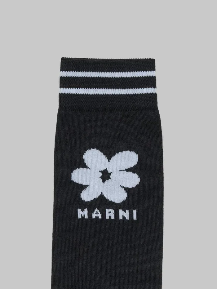 Men Marni Socks Black Cotton Socks With Light Blue Jacquard Flower Detail