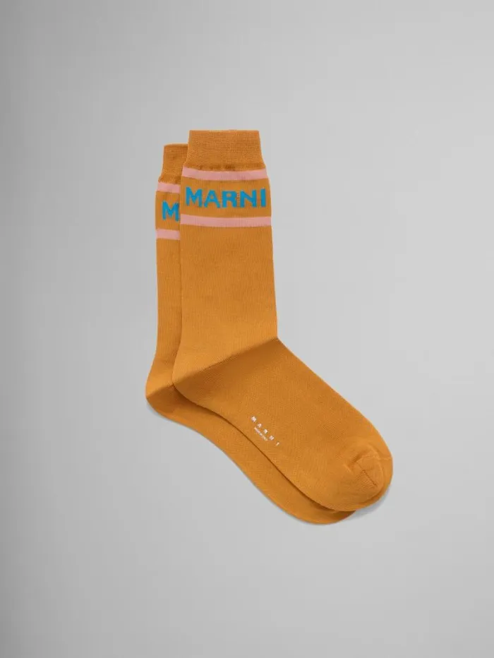 Men Marni Socks Orange Socks With Logo Cuffs