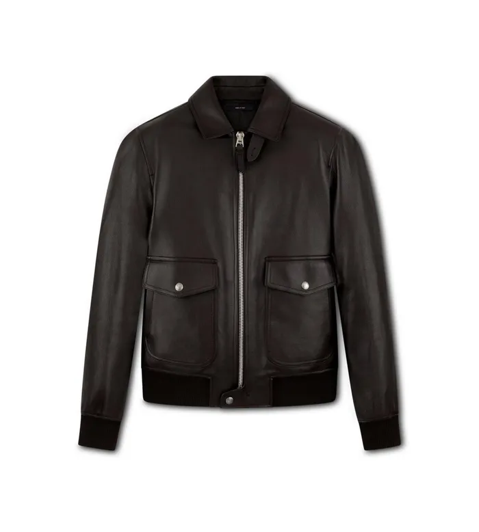 Men Outerwear Tom Ford Soft Grain Leather Collar Blouson Dark Brown