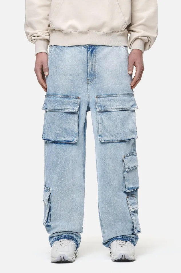 Men Pegador Jeans Lark Loose Cargo Jeans Washed Bright Blue