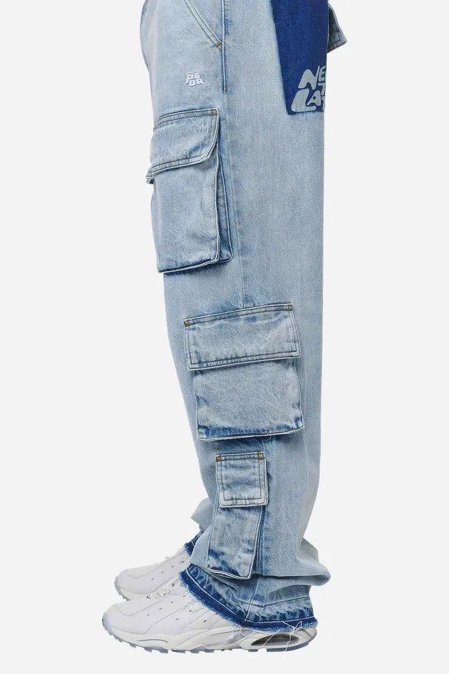 Men Pegador Jeans Lark Loose Cargo Jeans Washed Bright Blue
